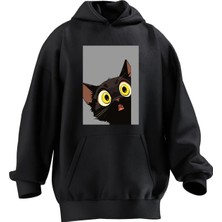 Nmg Tekstil Unisex Premium Pamuk Siyah Sarı Gözlü Kedi Baskılı 3 Iplik Kapüşonlu Sweatshirt