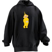 Nmg Tekstil Unisex Premium Pamuk Siyah Şirin Sarı Teletabi Baskılı 3 Iplik Kapüşonlu Sweatshirt