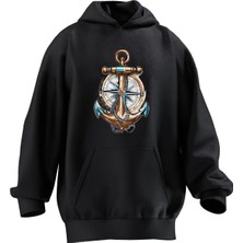 Nmg Tekstil Unisex Premium Pamuk Siyah Sarı Mavi Çapa Baskılı 3 Iplik Kapüşonlu Sweatshirt