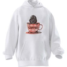 Nmg Tekstil Unisex Premium Pamuk Beyaz  Coffee Starwars Baskılı 3 Iplik Kapüşonlu Sweatshirt