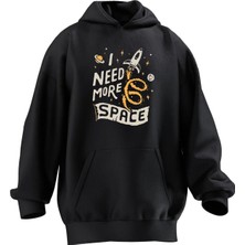 Nmg Tekstil Unisex Premium Pamuk Siyah  I Need Space Baskılı 3 Iplik Kapüşonlu Sweatshirt