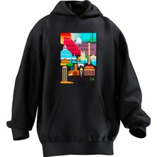 Nmg Tekstil Unisex Premium Pamuk Siyah  Mycoolnes Şehir Poster Baskılı 3 Iplik Kapüşonlu Sweatshirt