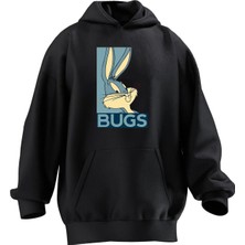 Nmg Tekstil Unisex Premium Pamuk Siyah  Bugs Baskılı 3 Iplik Kapüşonlu Sweatshirt