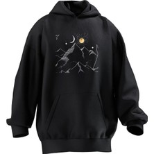 Nmg Tekstil Unisex Premium Pamuk Siyah  Dağ Güneş Hilal Baskılı 3 Iplik Kapüşonlu Sweatshirt