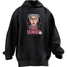 Nmg Tekstil Unisex Premium Pamuk Siyah  Evoce Satana Baskılı 3 Iplik Kapüşonlu Sweatshirt