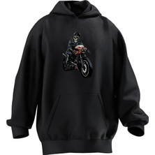 Nmg Tekstil Unisex Premium Pamuk Siyah  Motorcu Kurukafa Baskılı 3 Iplik Kapüşonlu Sweatshirt