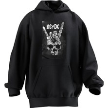 Nmg Tekstil Unisex Premium Pamuk Siyah  Acdc Kurukafa Baskılı 3 Iplik Kapüşonlu Sweatshirt