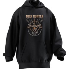 Nmg Tekstil Unisex Premium Pamuk Siyah  Deer Hunter Geyik Baskılı 3 Iplik Kapüşonlu Sweatshirt