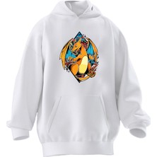 Nmg Tekstil Unisex Premium Pamuk Beyaz  Charizart Pokemon Baskılı 3 Iplik Kapüşonlu Sweatshirt
