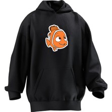 Nmg Tekstil Unisex Premium Pamuk Siyah  Memo Balık Baskılı 3 Iplik Kapüşonlu Sweatshirt