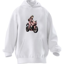 Nmg Tekstil Unisex Premium Pamuk Beyaz  Racing Anime Baskılı 3 Iplik Kapüşonlu Sweatshirt