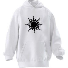 Nmg Tekstil Unisex Premium Pamuk Beyaz  Güneş Çizim Desen Baskılı 3 Iplik Kapüşonlu Sweatshirt
