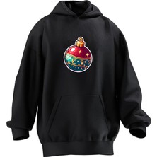 Nmg Tekstil Unisex Premium Pamuk Siyah Süs Top Yılbaşı Baskılı 3 Iplik Kapüşonlu Sweatshirt