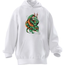 Nmg Tekstil Unisex Premium Pamuk Beyaz  Angry Japanese Dragon Baskılı 3 Iplik Kapüşonlu Sweatshirt
