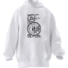 Nmg Tekstil Unisex Premium Pamuk Beyaz Zaman Saat Çift Baskılı 3 Iplik Kapüşonlu Sweatshirt