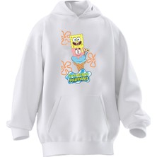 Nmg Tekstil Unisex Premium Pamuk Beyaz Sünger Bob Square Baskılı 3 Iplik Kapüşonlu Sweatshirt