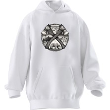 Nmg Tekstil Unisex Premium Pamuk Beyaz  Balta Ayı Kamp Baskılı 3 Iplik Kapüşonlu Sweatshirt