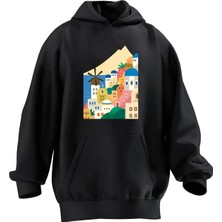 Nmg Tekstil Unisex Premium Pamuk Siyah  Buğday Değirmeni Manzara Çizim Baskılı 3 Iplik Kapüşonlu Sweatshirt