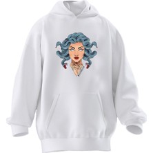 Nmg Tekstil Unisex Premium Pamuk Beyaz  Mavi Yılan Saçlı Kız Baskılı 3 Iplik Kapüşonlu Sweatshirt
