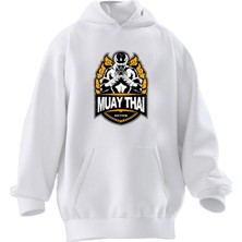 Nmg Tekstil Unisex Premium Pamuk Beyaz  Muay Thai Poster Baskılı 3 Iplik Kapüşonlu Sweatshirt