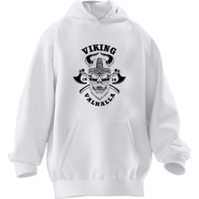 Nmg Tekstil Unisex Premium Pamuk Beyaz Viking Valhalla Balta Baskılı 3 Iplik Kapüşonlu Sweatshirt