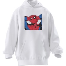 Nmg Tekstil Unisex Premium Pamuk Beyaz Spiderman Düşünüyor Baskılı 3 Iplik Kapüşonlu Sweatshirt