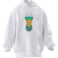 Nmg Tekstil Unisex Premium Pamuk Beyaz Tatilci Sipson Baskılı 3 Iplik Kapüşonlu Sweatshirt