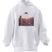 Nmg Tekstil Unisex Premium Pamuk Beyaz Spiderman Düşüyor Baskılı 3 Iplik Kapüşonlu Sweatshirt