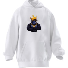 Nmg Tekstil Unisex Premium Pamuk Beyaz Taçlı Goril Baskılı 3 Iplik Kapüşonlu Sweatshirt