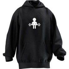 Nmg Tekstil Unisex Premium Pamuk Siyah  Gym Art Küçük Baskılı 3 Iplik Kapüşonlu Sweatshirt