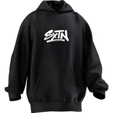 Nmg Tekstil Unisex Premium Pamuk Siyah Sxtn Baskılı 3 Iplik Kapüşonlu Sweatshirt