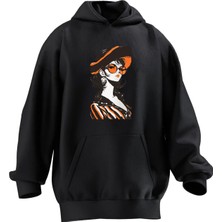 Nmg Tekstil Unisex Premium Pamuk Siyah Turuncu Şapkalı Kız Baskılı 3 Iplik Kapüşonlu Sweatshirt
