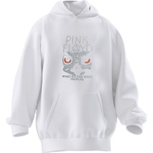 Nmg Tekstil Unisex Premium Pamuk Beyaz  Pink Floyd Silik Baskılı 3 Iplik Kapüşonlu Sweatshirt