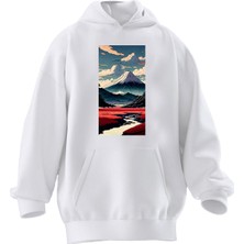 Nmg Tekstil Unisex Premium Pamuk Beyaz  Everest Dağ Baskılı 3 Iplik Kapüşonlu Sweatshirt
