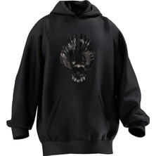 Nmg Tekstil Unisex Premium Pamuk Siyah  Kanatlı Baykuş Baskılı 3 Iplik Kapüşonlu Sweatshirt