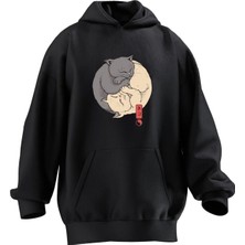 Nmg Tekstil Unisex Premium Pamuk Siyah  Kediler Dünya Baskılı 3 Iplik Kapüşonlu Sweatshirt