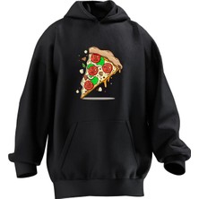 Nmg Tekstil Unisex Premium Pamuk Siyah  Pizza Dilim Desen Baskılı 3 Iplik Kapüşonlu Sweatshirt