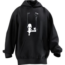 Nmg Tekstil Unisex Premium Pamuk Siyah  Kedi Küçük Kız Salıncak Baskılı 3 Iplik Kapüşonlu Sweatshirt