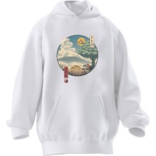 Nmg Tekstil Unisex Premium Pamuk Beyaz  Japon Halka Desen Baskılı 3 Iplik Kapüşonlu Sweatshirt