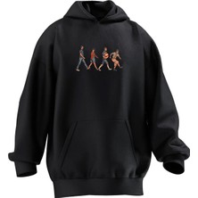 Nmg Tekstil Unisex Premium Pamuk Siyah Yürüyen Insanlar Baskılı 3 Iplik Kapüşonlu Sweatshirt