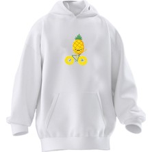 Nmg Tekstil Unisex Premium Pamuk Beyaz  Ananas Bisiklet Baskılı 3 Iplik Kapüşonlu Sweatshirt