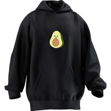 Nmg Tekstil Unisex Premium Pamuk Siyah  Avakado Mutlu Baskılı 3 Iplik Kapüşonlu Sweatshirt