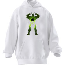 Nmg Tekstil Unisex Premium Pamuk Beyaz  Kaslı Yeşil Anime Baskılı 3 Iplik Kapüşonlu Sweatshirt