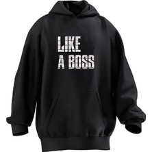 Nmg Tekstil Unisex Premium Pamuk Siyah  Like A Boss Baskılı 3 Iplik Kapüşonlu Sweatshirt