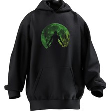 Nmg Tekstil Unisex Premium Pamuk Siyah Yeşil Dolunay Samuray Baskılı 3 Iplik Kapüşonlu Sweatshirt