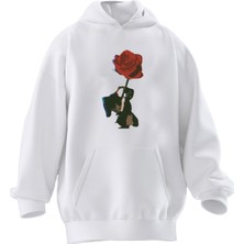 Nmg Tekstil Unisex Premium Pamuk Beyaz  Kırmızı Gül Resim Baskılı 3 Iplik Kapüşonlu Sweatshirt