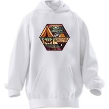 Nmg Tekstil Unisex Premium Pamuk Beyaz  Çadır Kamp Baskılı 3 Iplik Kapüşonlu Sweatshirt