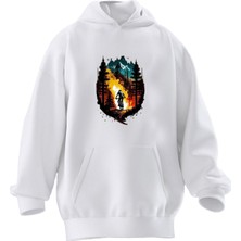 Nmg Tekstil Unisex Premium Pamuk Beyaz  Dağ Yolu Bisiklet Baskılı 3 Iplik Kapüşonlu Sweatshirt