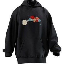 Nmg Tekstil Unisex Premium Pamuk Siyah Sevimli Gezegenler Baskılı 3 Iplik Kapüşonlu Sweatshirt