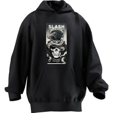 Nmg Tekstil Unisex Premium Pamuk Siyah Slash Kurukafa Baskılı 3 Iplik Kapüşonlu Sweatshirt